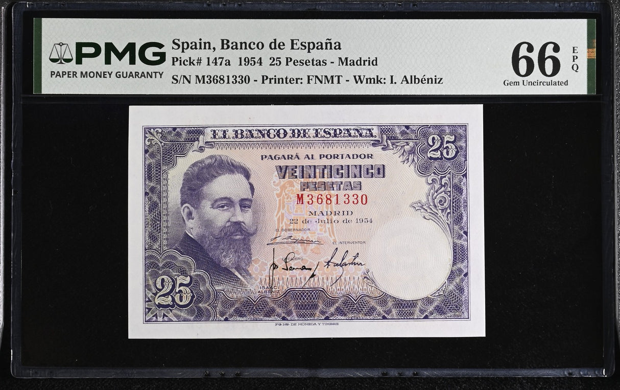 Spain 25 Pesetas 1954 P 147 a Gem UNC PMG 66 EPQ Printer FNMT
