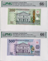 Suriname SET 2 ;200 500 dollars 2024 P 166A P 166B NEW Denom Gem UNC PMG 66 EPQ