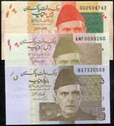 Pakistan Set 3 Pcs 5 10 20 Rupees RANDOM DATE P 45 53 55 UNC