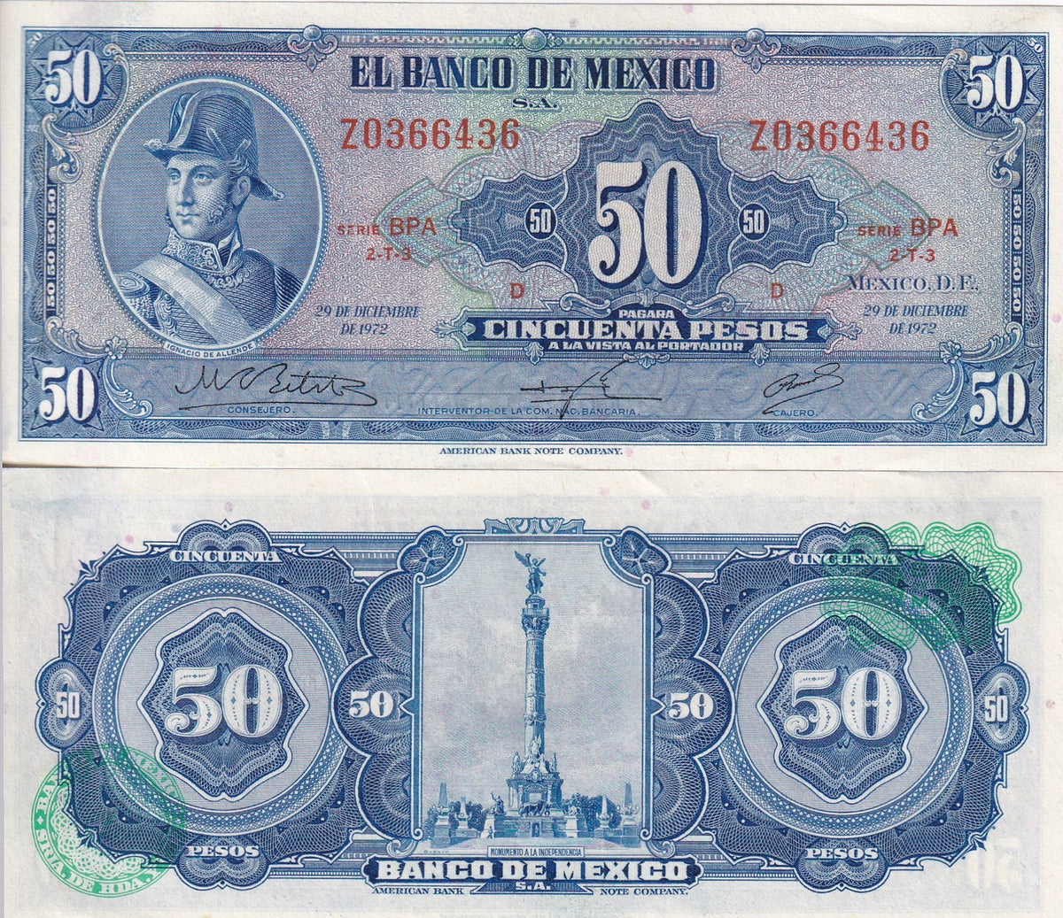 Mexico 50 Pesos 1972 P 49 u UNC, Ignacio de Allende  Statue of Victory