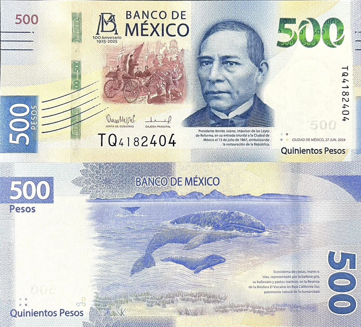 Mexico 500 Pesos 2024 Mixed Sign 1925-2025 Commemorative 100th P 141 UNC