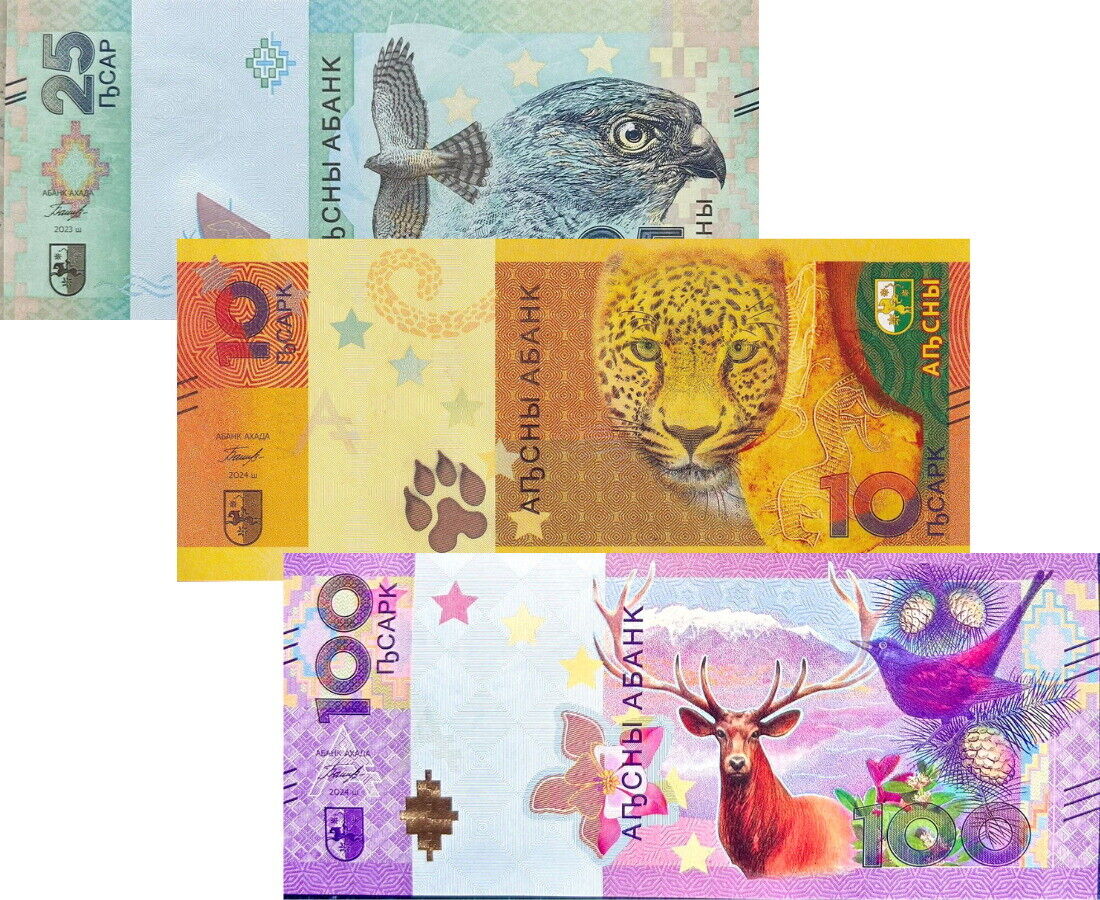 ABKHAZIA SET 3 UNC 10 25 100 Apsar 2023 2024 Commemorative P 2 3 4 Hawk Moose