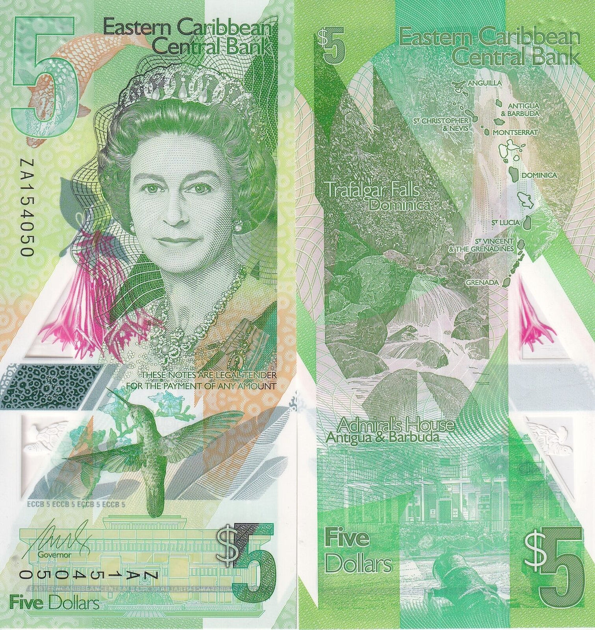 East Caribbean 5 Dollars ND 2021 P 55Aa* ZA Replacement Polymer QE II AUnc