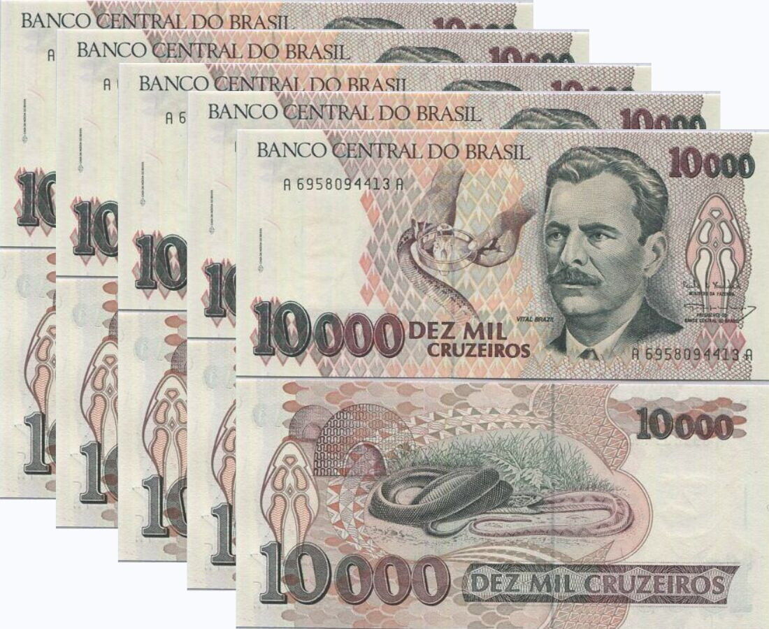Brazil 10000 Cruzeiros ND 1993 P 233 c UNC LOT 5 PCS