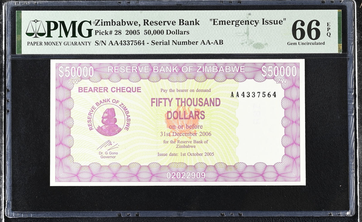Zimbabwe 50000 Dollars 2005 P 28 AA Emergency Gem UNC PMG 66 EPQ