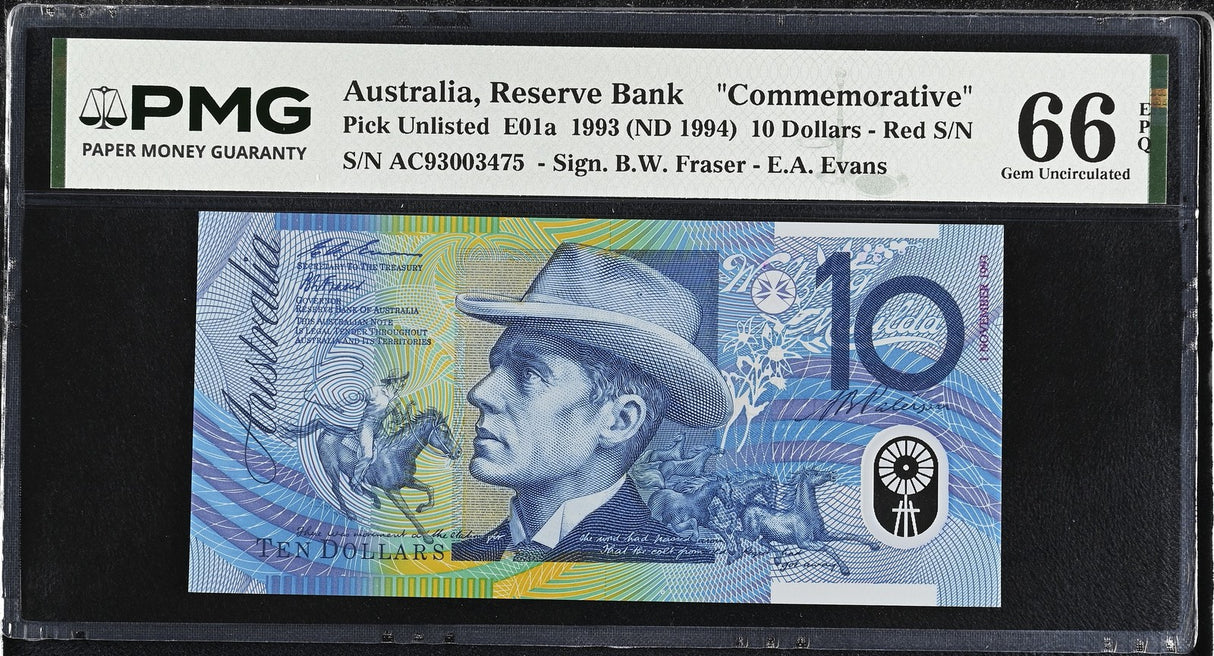 Australia 10 Dollars 1993 / 1994 Fraser Red S/N Commemorative Gem UNC PMG 66 EPQ