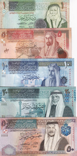 Jordan set 5 UNC 1 5 10 20 50 Dinars 2019-2021 P 34 35 36 37 38