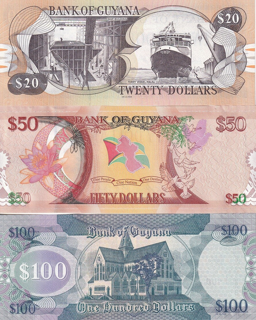 Guyana Set 3 UNC 20 50 100 Dollars 2016-2022 P 30 36 41