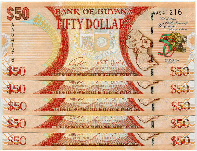 Guyana 50 Dollars ND 2016 P 41 Commemorative AUnc, 50th Independenc LOT 5 PCS