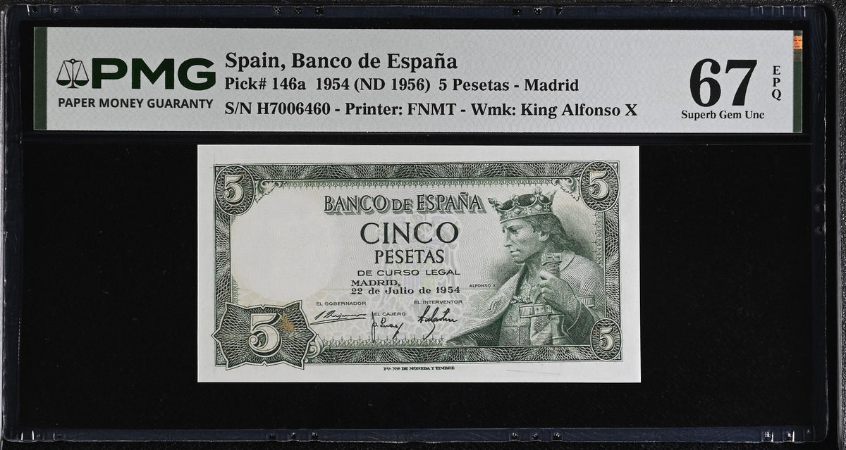 Spain 5 Pesetas 1954 ND 1956 P 146 a Superb Gem UNC PMG 67 EPQ