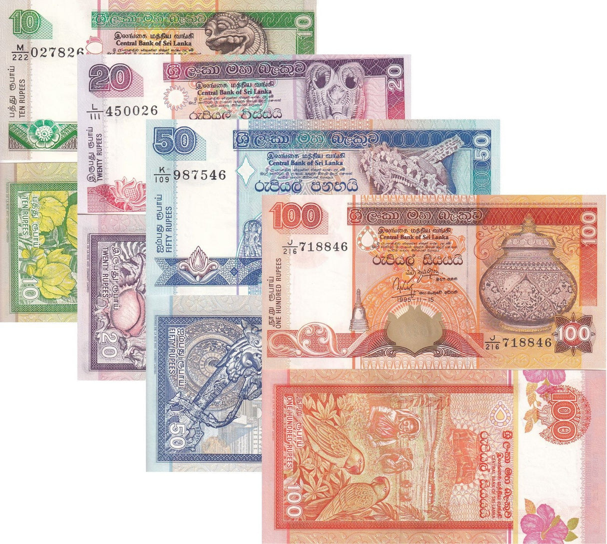 Sri Lanka Set 4 UNC 10 20 50 100 Rupees 1995 P 108 109 110 111 Parakeets
