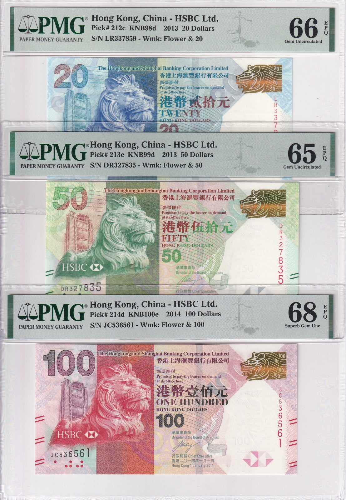 Hong Kong Set 3; 20 50 100 Dollars 2013 2014 HSBC P 214 Gem UNC PMG 65 66 68 EPQ