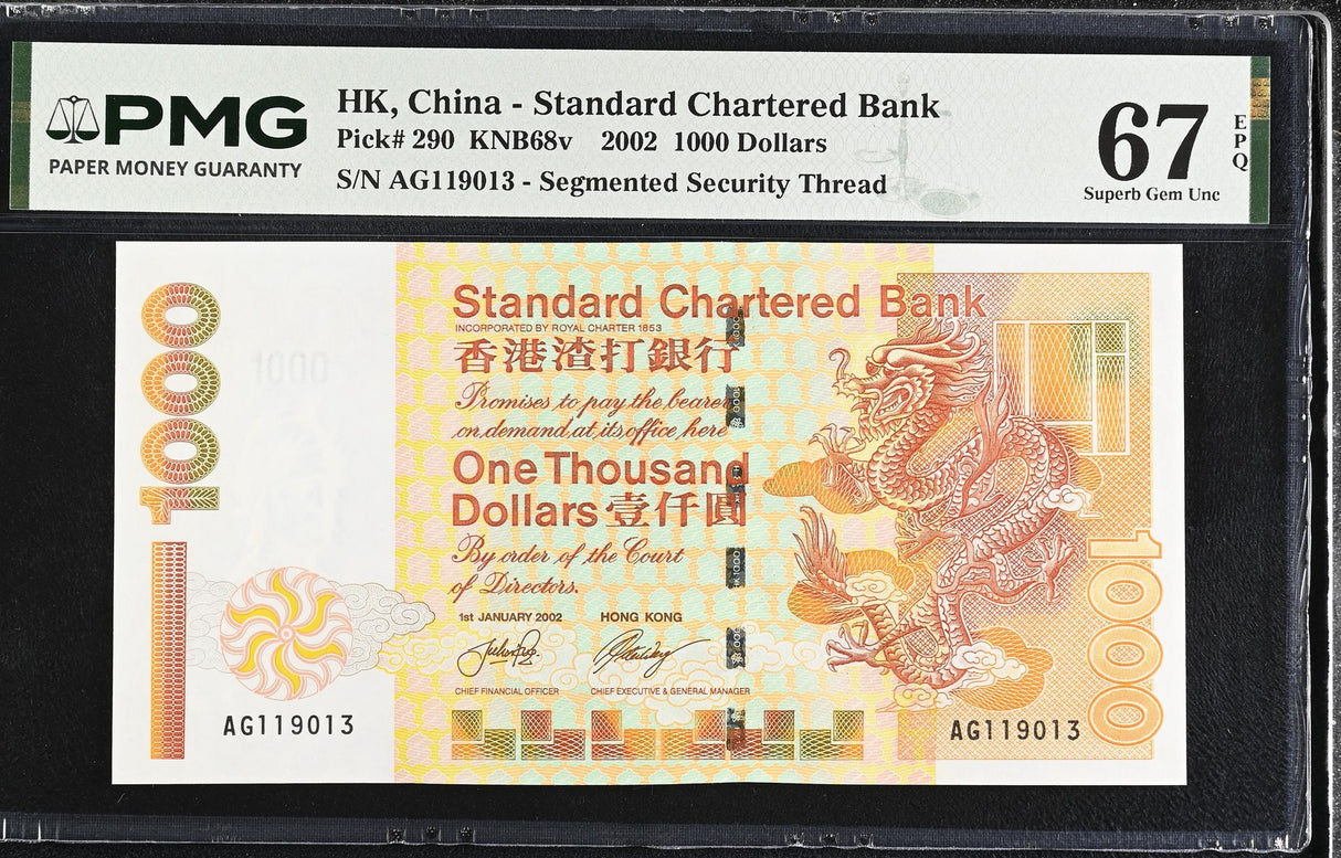 Hong Kong 1000 Dollars 2002 P 290 SCB Superb Gem UNC PMG 67 EPQ