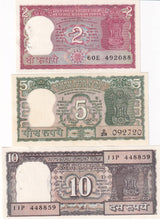 India Set 3 Pcs 2 5 10 Rupees ND Random sign P 53A P 67 P 68 UNC W/Issued Hole
