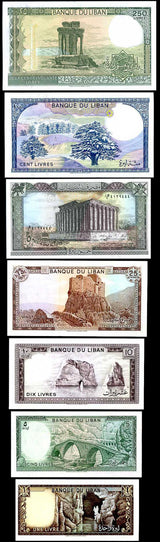 Lebanon Set 7 AU 1 5 10 25 50 100 250 Livre 1980-88 P 61 62 63 64 65 66 67 AUnc