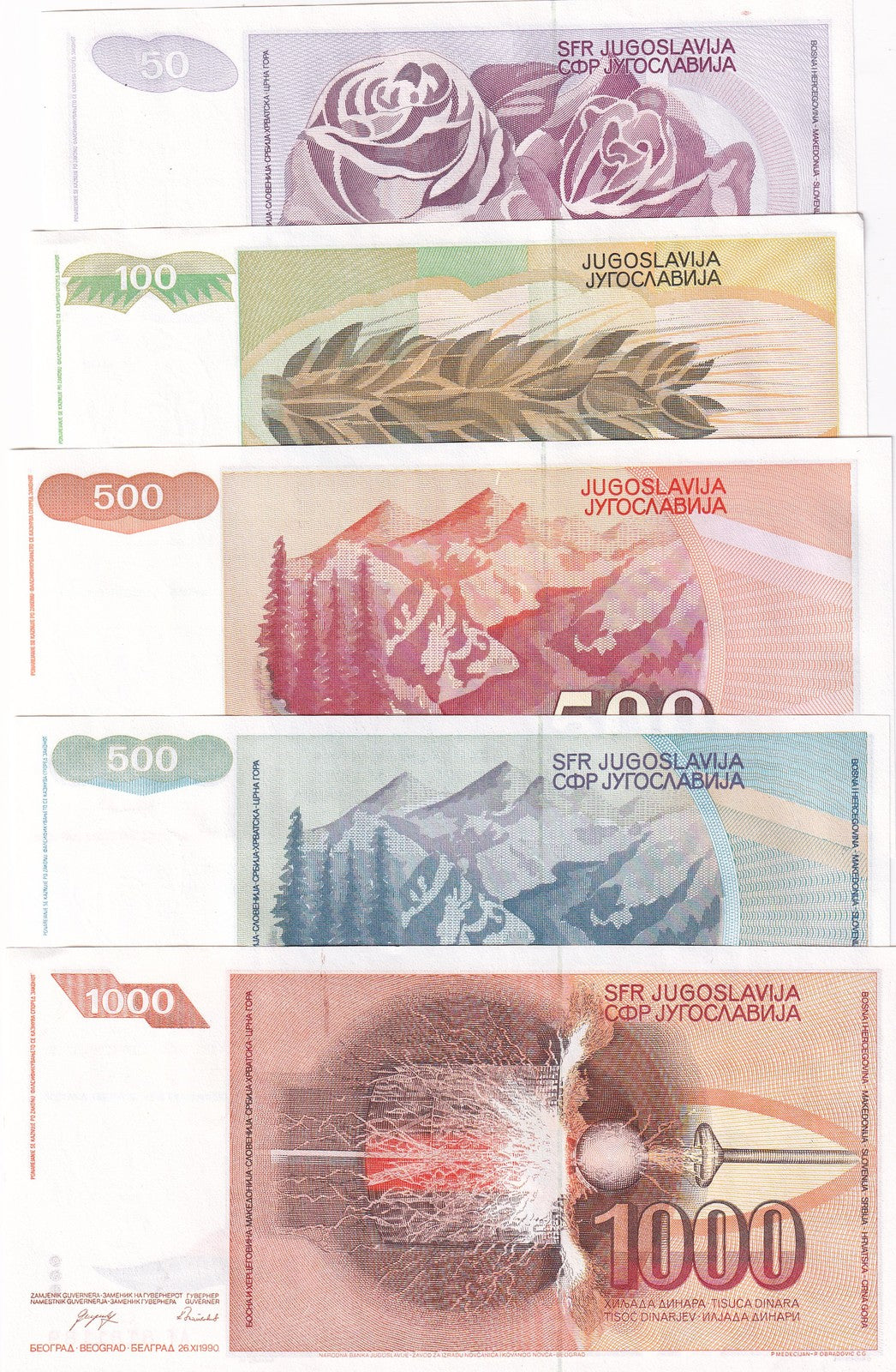 Yugoslavia Set 5 UNC 50 100 500 1000 Dinara Random Dates P 104 106 107 108 109
