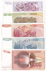 Yugoslavia Set 5 UNC 50 100 500 1000 Dinara Random Dates P 104 106 107 108 109