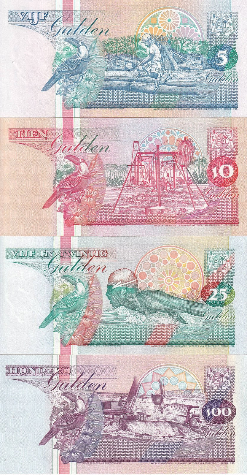 Suriname SET 4 UNC 5 10 25 100 Gulden Random Years P 136 137 138 139