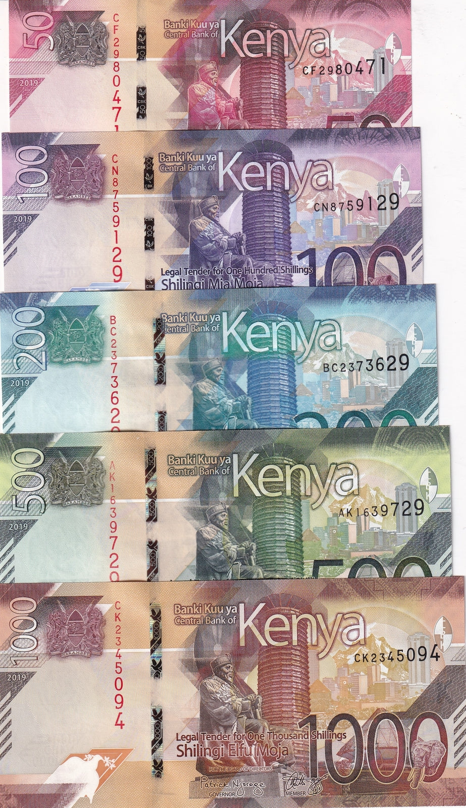 Kenya Set 5 UNC 50 100 200 500 1000 Shillings 2019 P 52 53 54 55 56