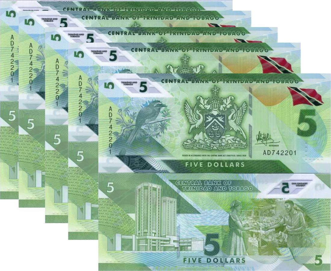 Trinidad & Tobago 5 Dollars 2020/2021 Polymer Bird P 61 UNC LOT 5 PCS