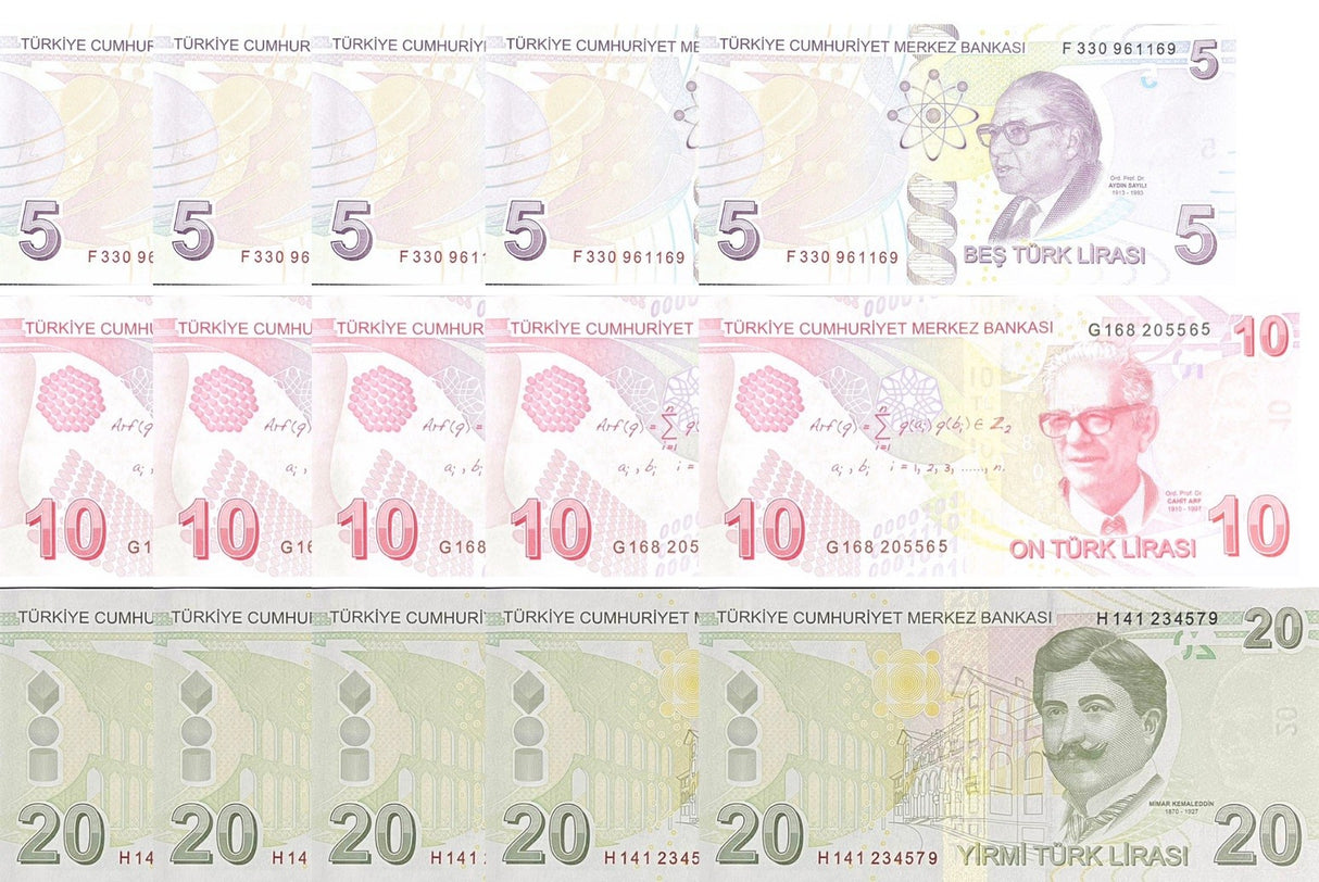 Turkey SET 3 X Lot 5 = 15 UNC 5 10 20 Lira 2022/2025 Mixed Prefix P 222 223 224