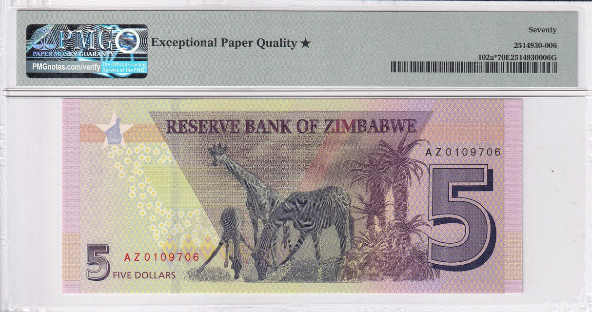 Zimbabwe 5 Dollars 2019 P 102 a* Replacement Superb Gem PMG 70 EPQ Extra Star