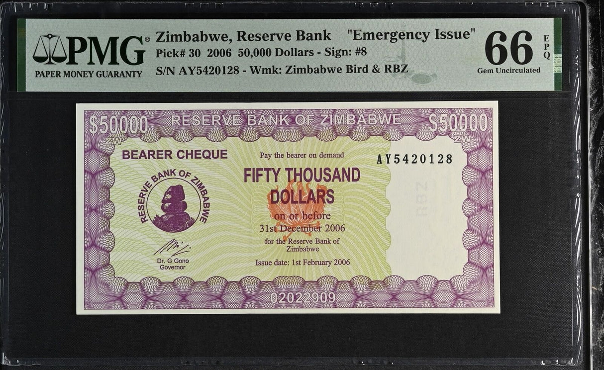 Zimbabwe 50000 Dollars 2006 P 30 Emergency Issue Gem UNC PMG 66 EPQ