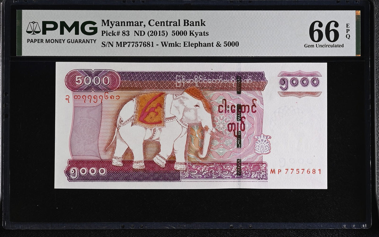 Myanmar 5000 Kyats Burma ND 2015 P 83 Gem UNC PMG 66 EPQ , Grade Note