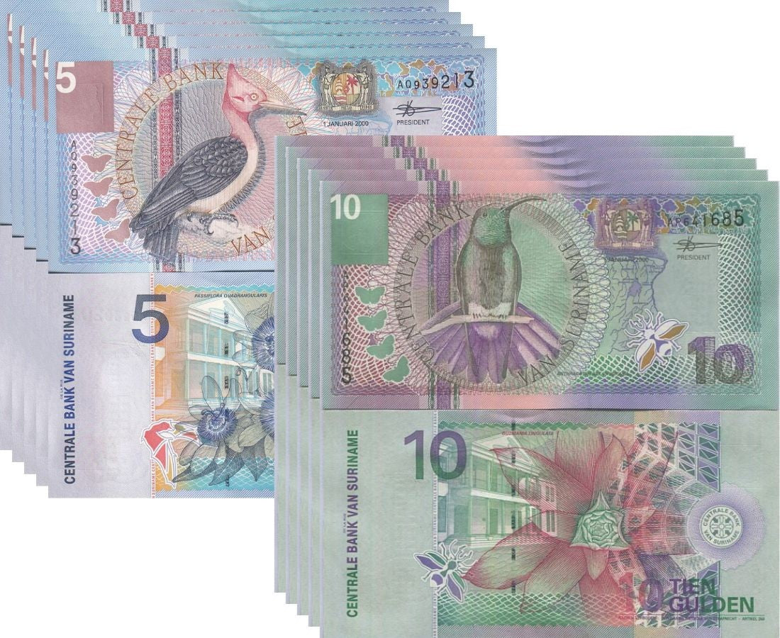 Suriname SET 2 x LOT 5 = 10 UNC 5 10 Gulden 2000 P 146 147