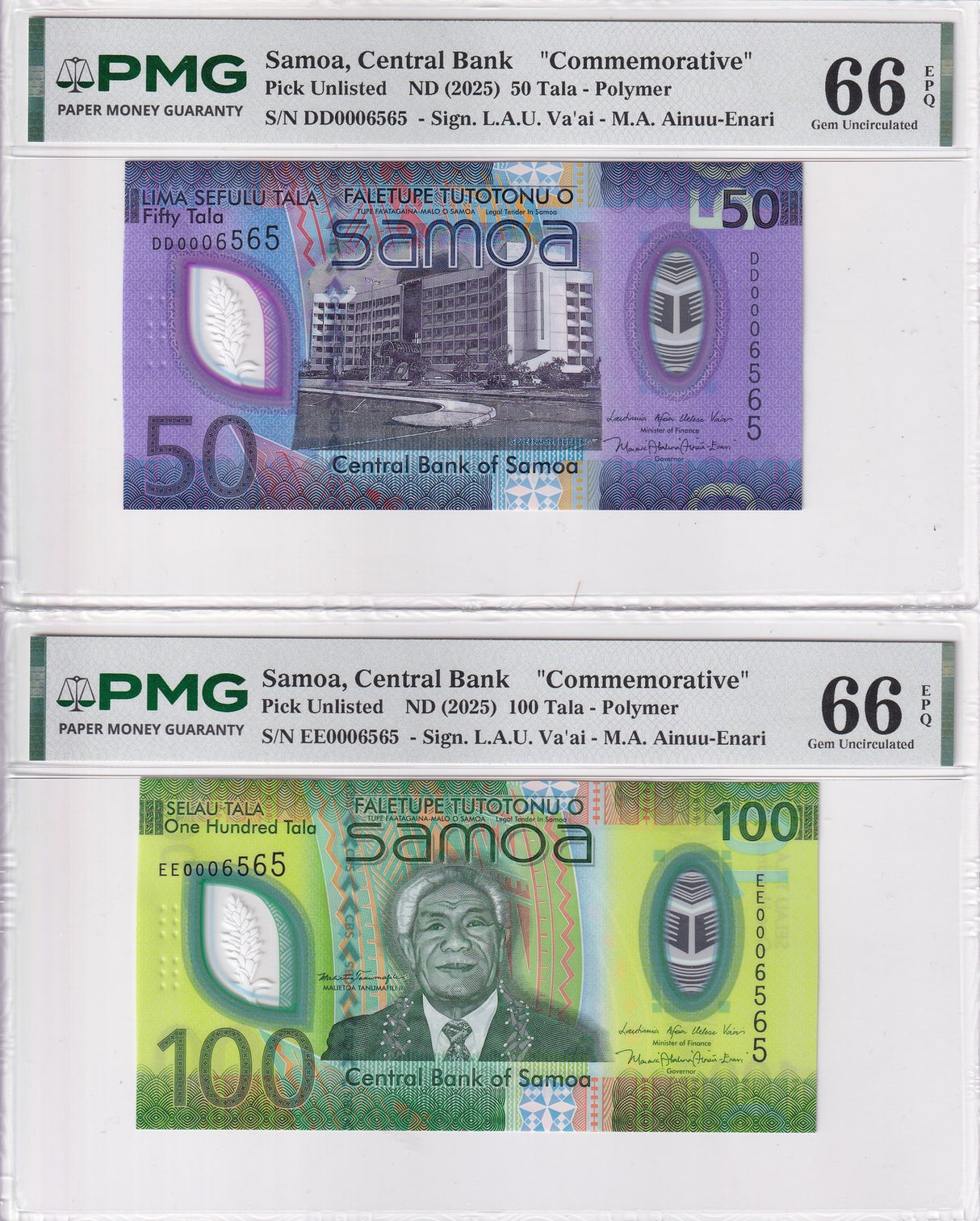 Samoa Set 2;50 100 Tala ND 2025 P New Polymer Comm. 0006565 Gem UNC PMG 66 EPQ