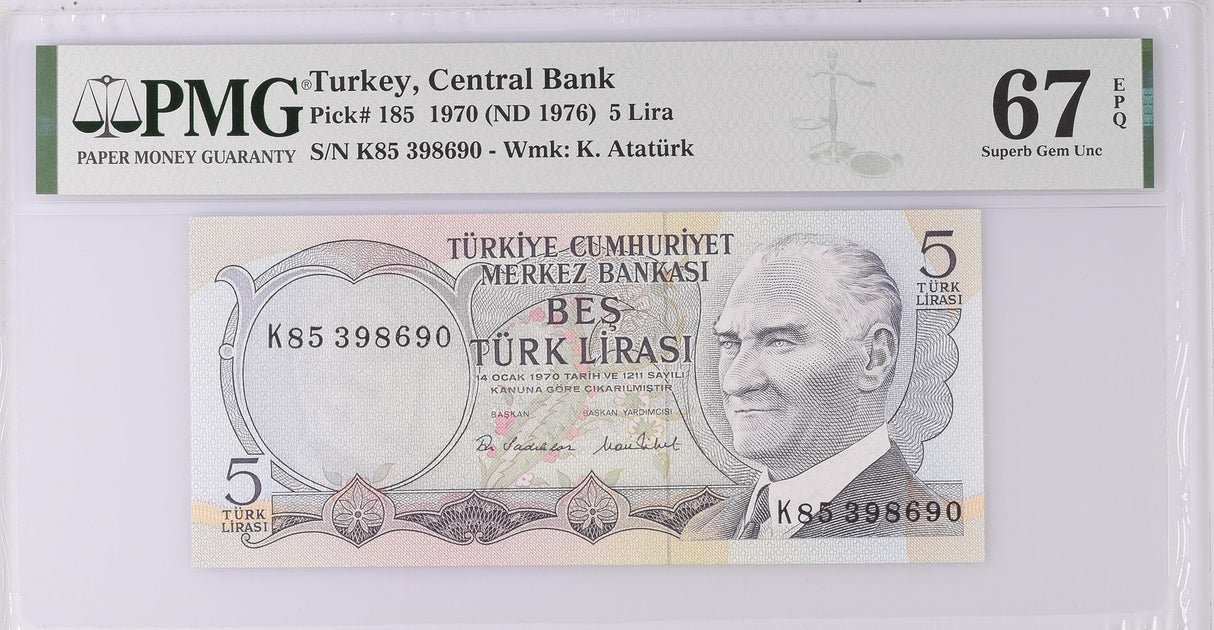 Turkey 5 Lira 1970 ND 1976 P 185 Superb Gem UNC PMG 67 EPQ