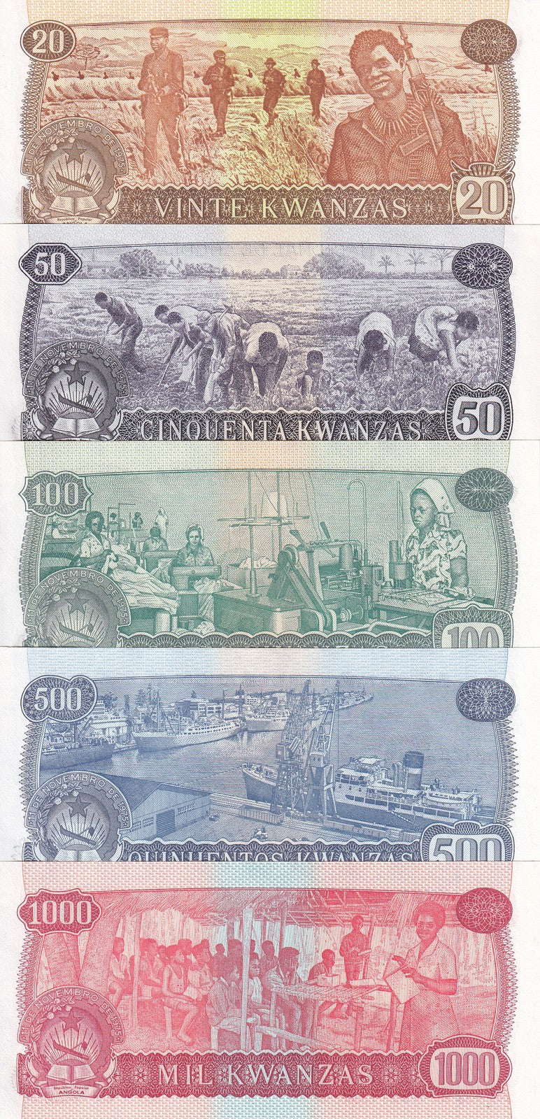 Angola set 5 UNC Specimen 20 50 100 500 1000 Kwanzas 1976 P 109- 111 112 113s