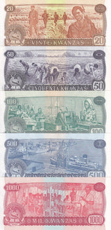 Angola set 5 UNC Specimen 20 50 100 500 1000 Kwanzas 1976 P 109- 111 112 113s