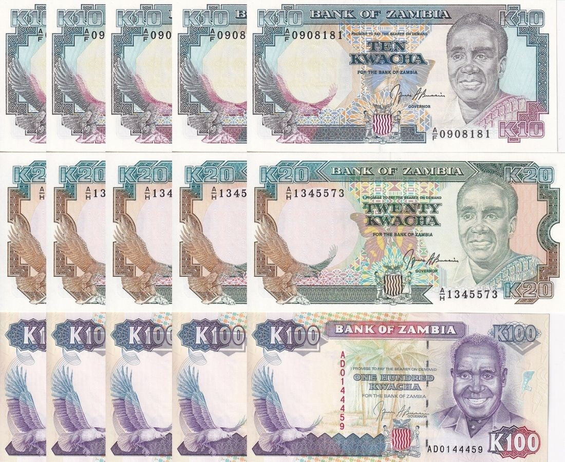 Zambia Set 3 X Lot 5 = 15 UNC 20 50 100 Kwacha 1992 - 2009 P 36 37 38 Lusaka
