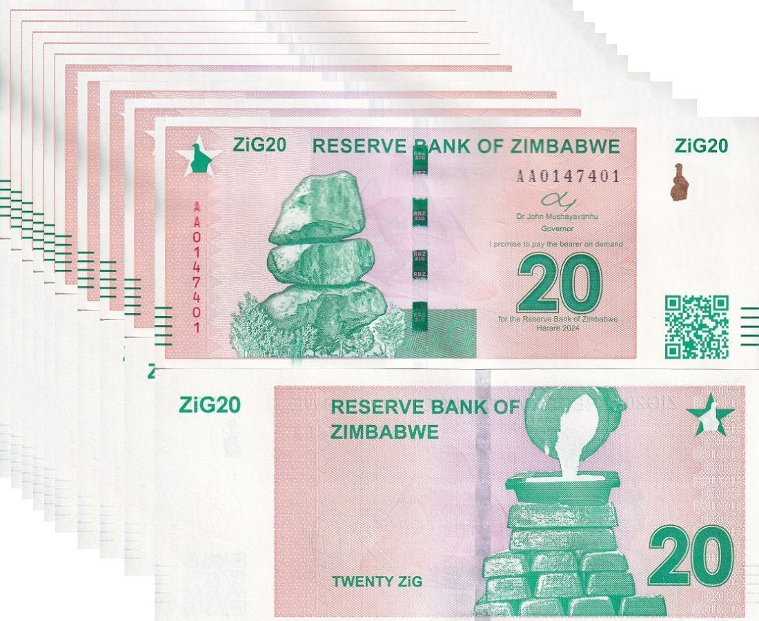 Zimbabwe 20 ZiG 2024 P NEW Design Gold Reserve Backed With QR Code LOT 10 UNC