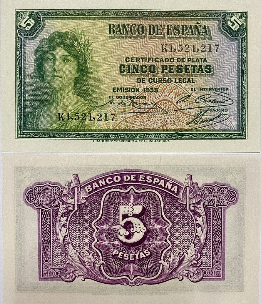 Spain 5 Pesetas 1935 P 85 UNC , Silver Certificates Issue ,Bradbury Wilkinson