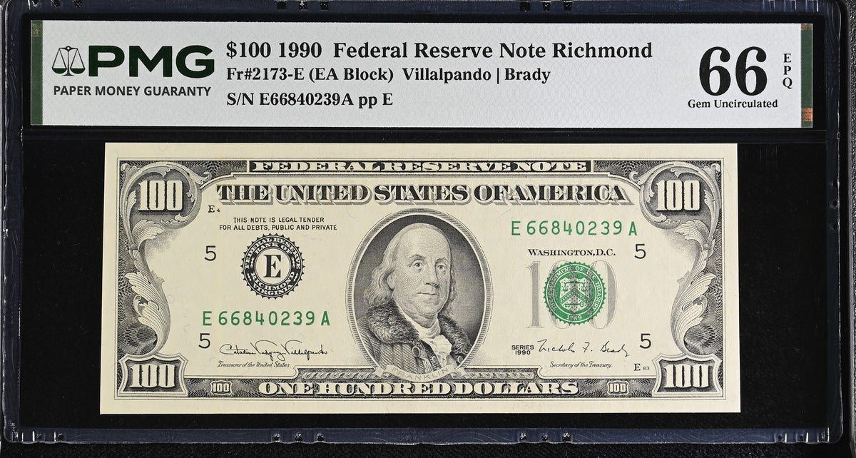 United States 100 Dollars USA 1990 P 489 E Richmond Gem UNC PMG 66 EPQ