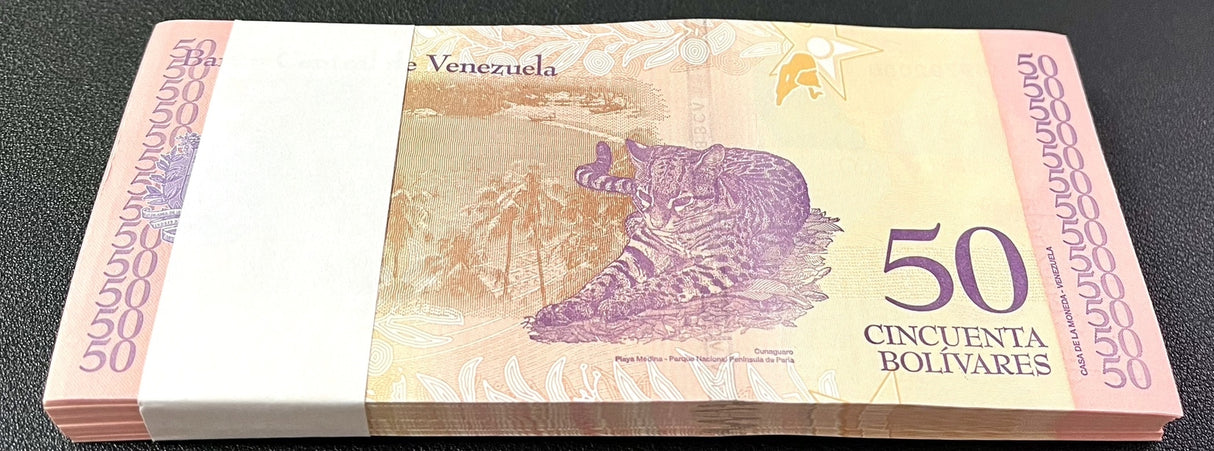 Venezuela 50 Bolivares 2018 P 105 Cunaguaro CAT UNC LOT 100 PCS 1 BUNDLE