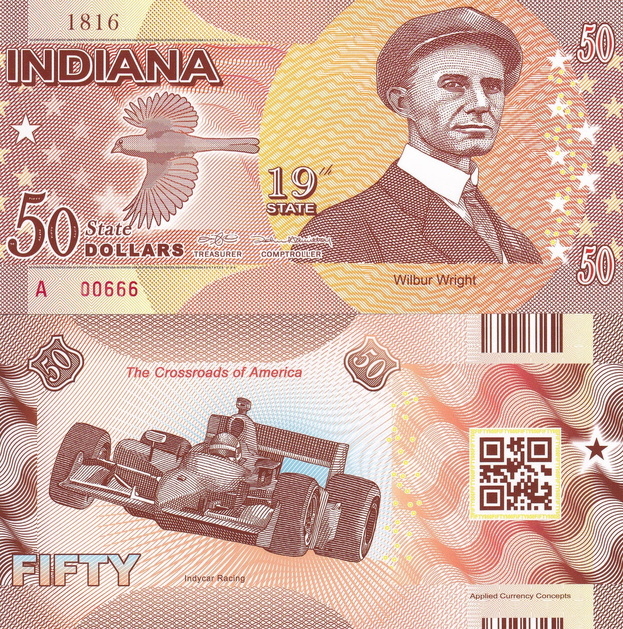 USA INDIANA 50 DOLLARS 2016 STATE 19TH POLYMER INDIANA P NEW WILBUR WRIGHT