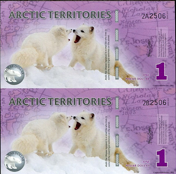 Arctic Territories 1 Dollar 2012 Polymer UNCUT SHEET 2 UNC , POLAR BEAR