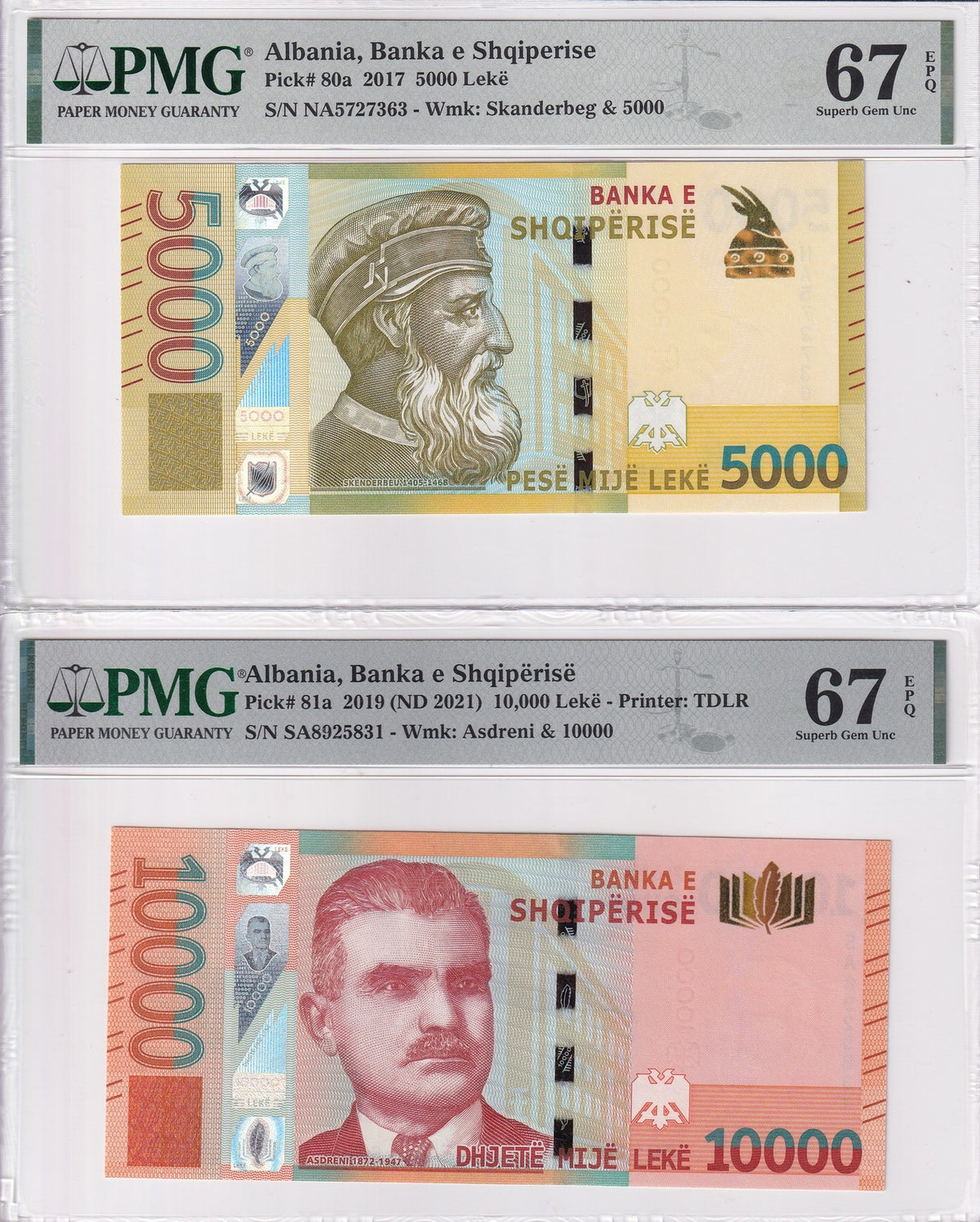 Albania Set 2; 5000 10000 Leke 2017 2019 P 80 P 81 Superb Gem UNC PMG 67 EPQ