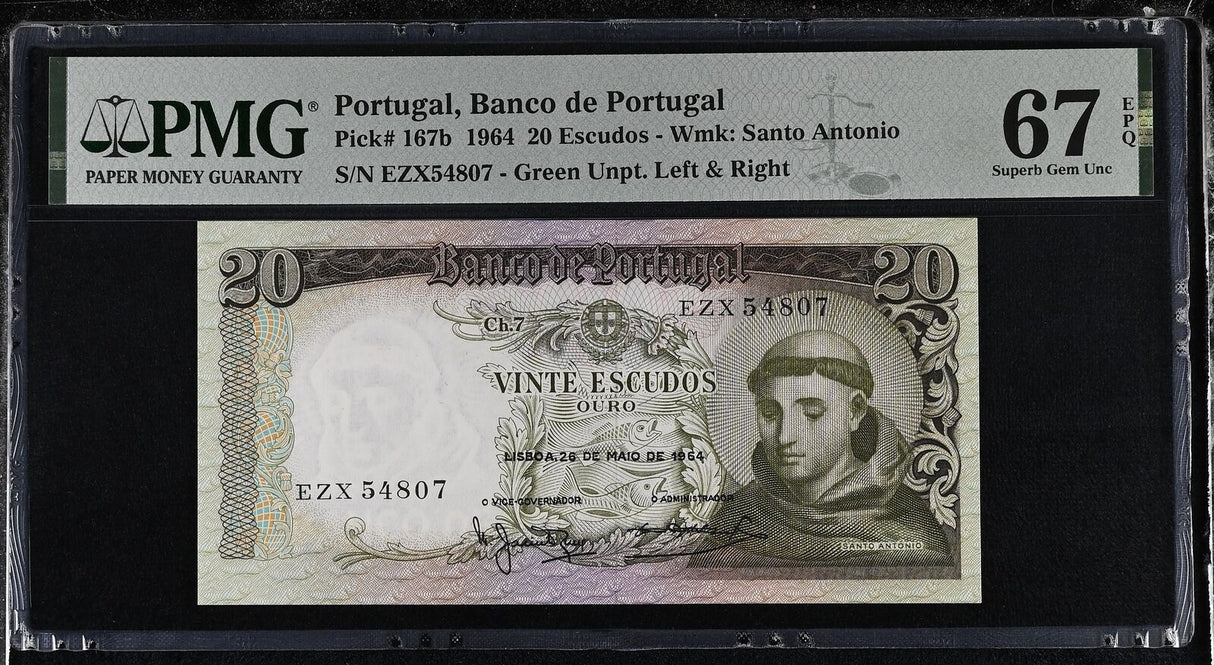 Portugal 20 Escudos 1964 P 167 b Superb Gem UNC PMG 67 EPQ