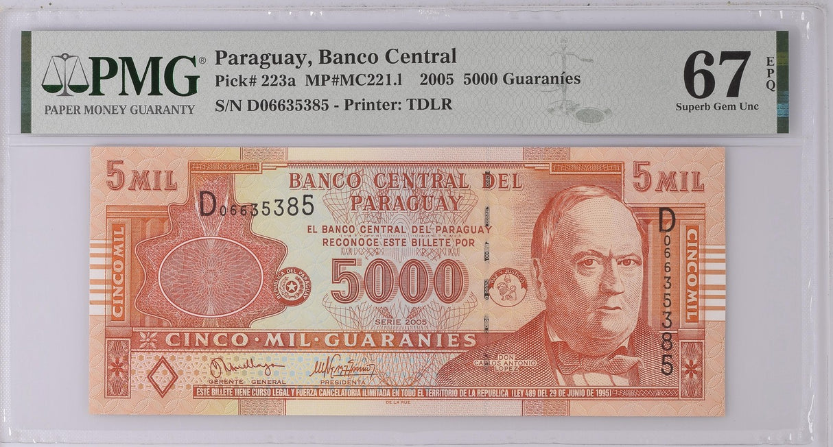 Paraguay 5000 Guaranies 2005 P 223 a Superb Gem UNC PMG 67 EPQ