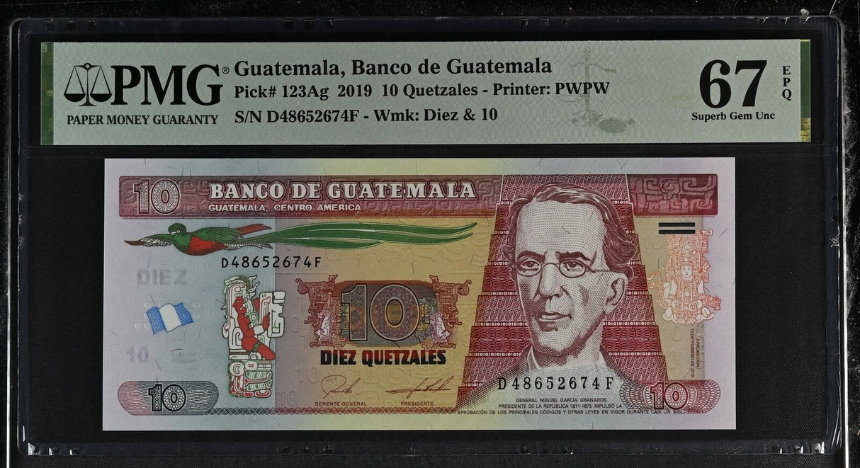 Guatemala 10 Quetzales 2019 P 123Ag Superb Gem UNC PMG 67 EPQ