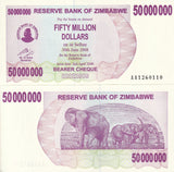 Zimbabwe 50 Million 50000000 Dollars 2008 P 57 UNC