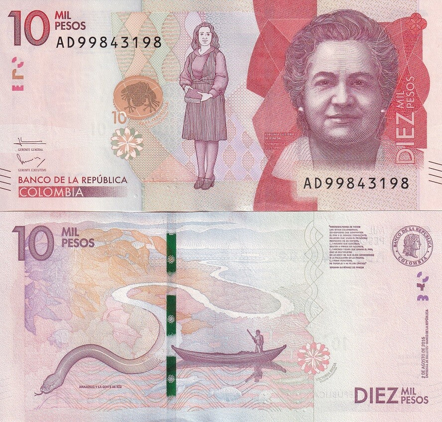Colombia 10000 Pesos 2016 P 460 Replacement 998 UNC ,Amazonas , Anaconda