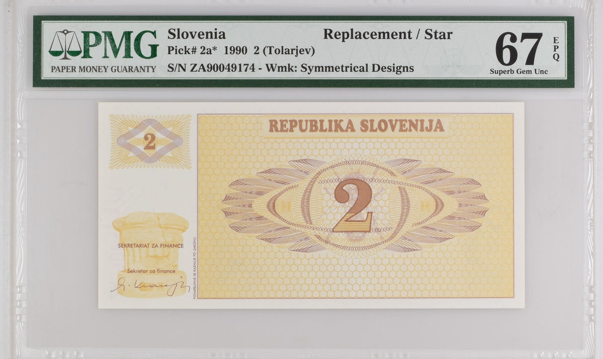 Slovenia 2 Tolajev 1990 P 2 a* ZA Replacement Superb Gem UNC PMG 67 EPQ
