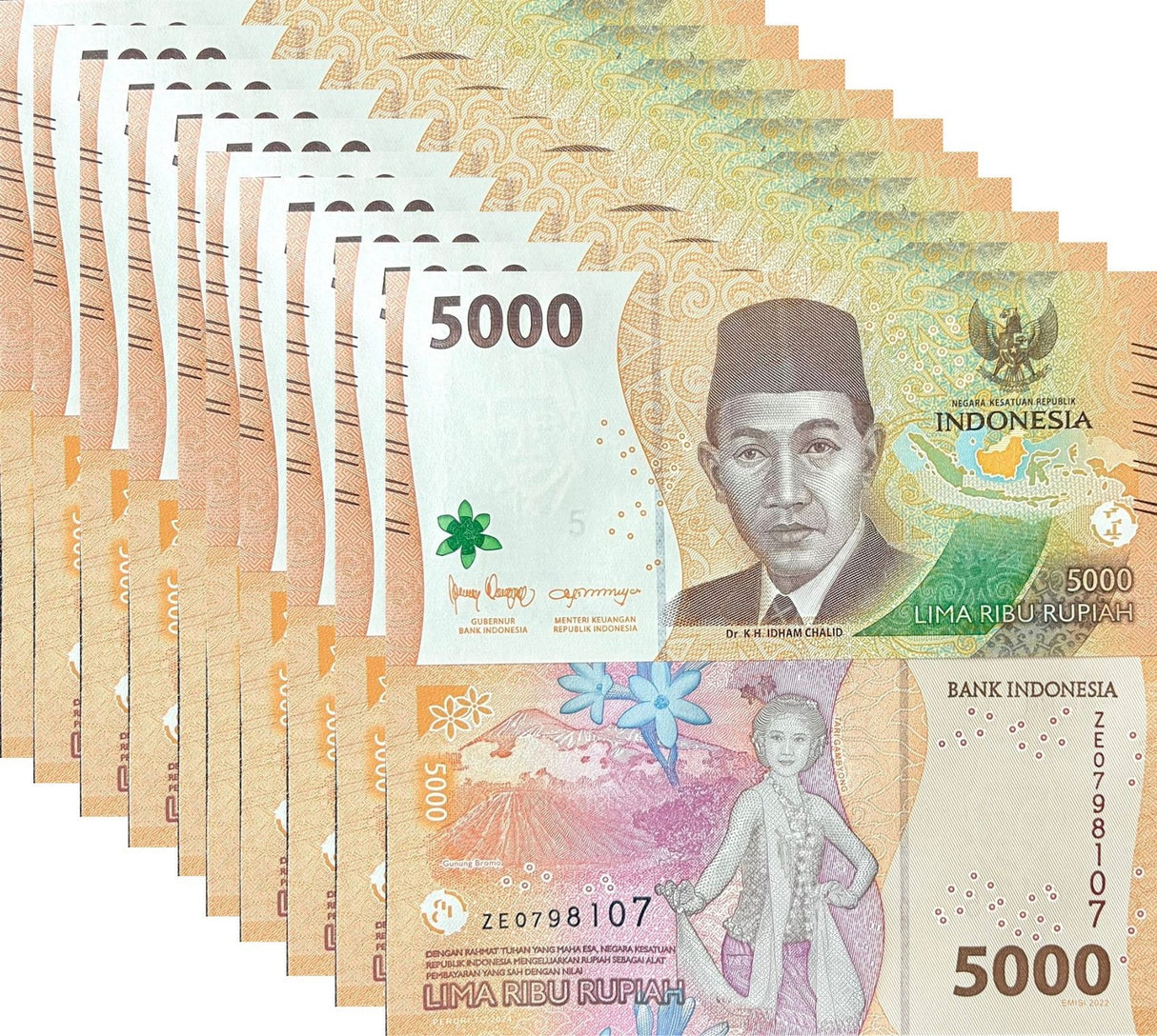 Indonesia 5000 Rupiah 2022 / 2024 P 164 UNC Lot 10 Pcs 1/10 Bundle