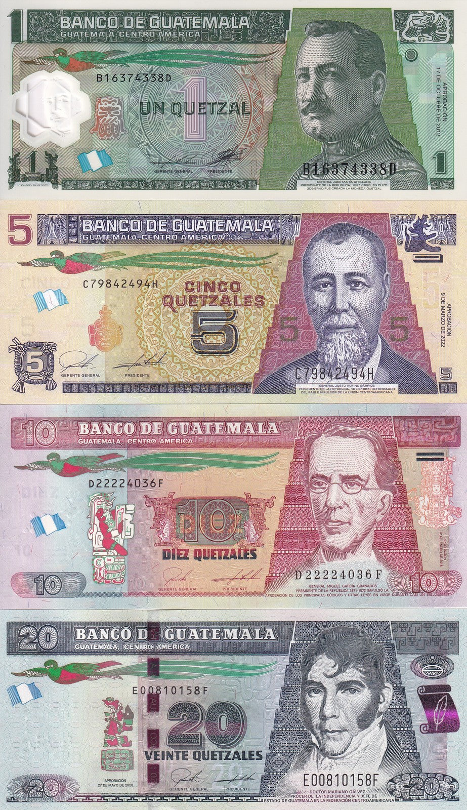 Guatemala Set 4 UNC 1 5 10 20 Quetzales Random Date P 115 P 122 P 123 124