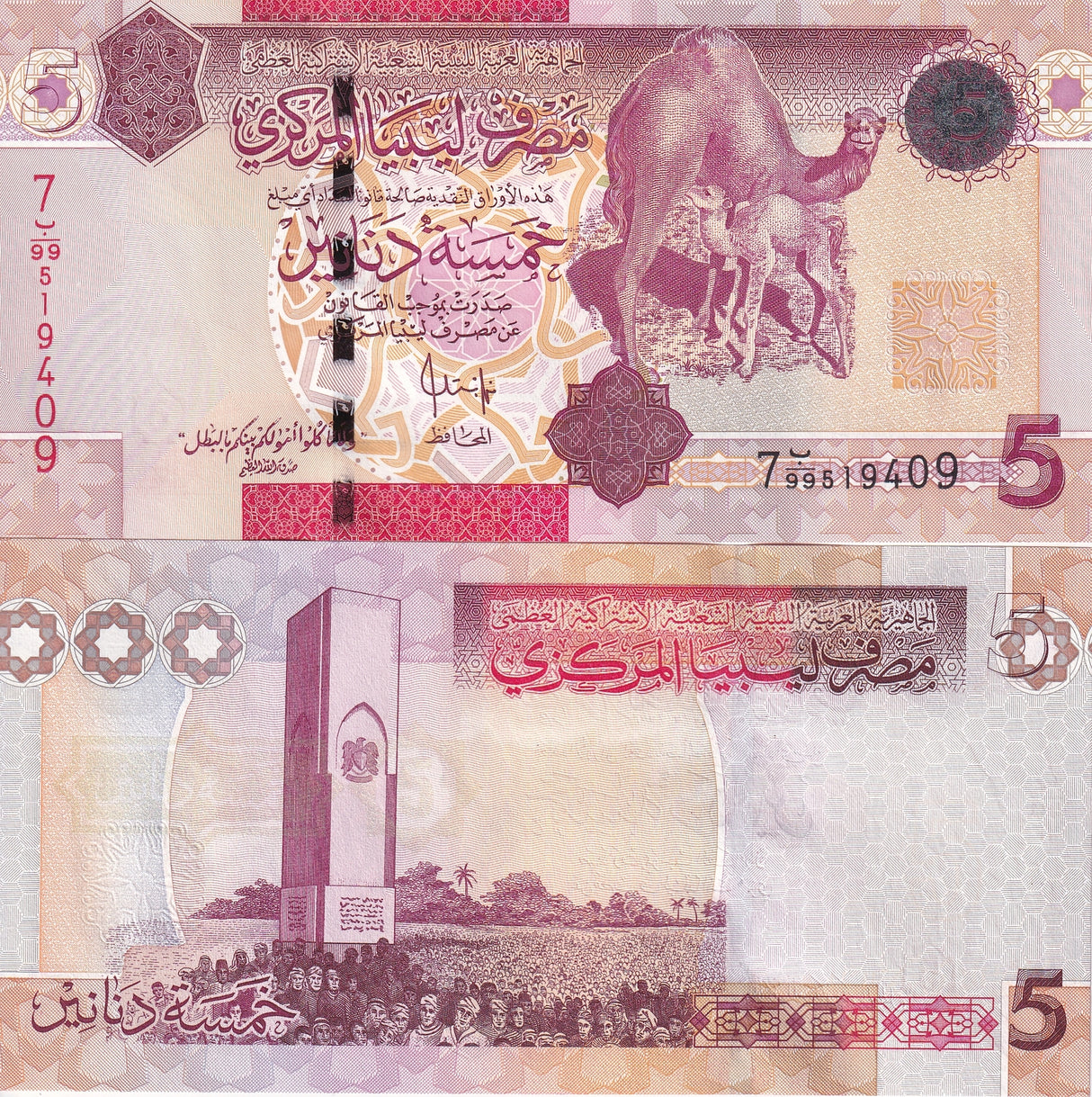 Libya 5 Dinars 2009 P 72 UNC ,Battle of Al-Hani monument, Camel